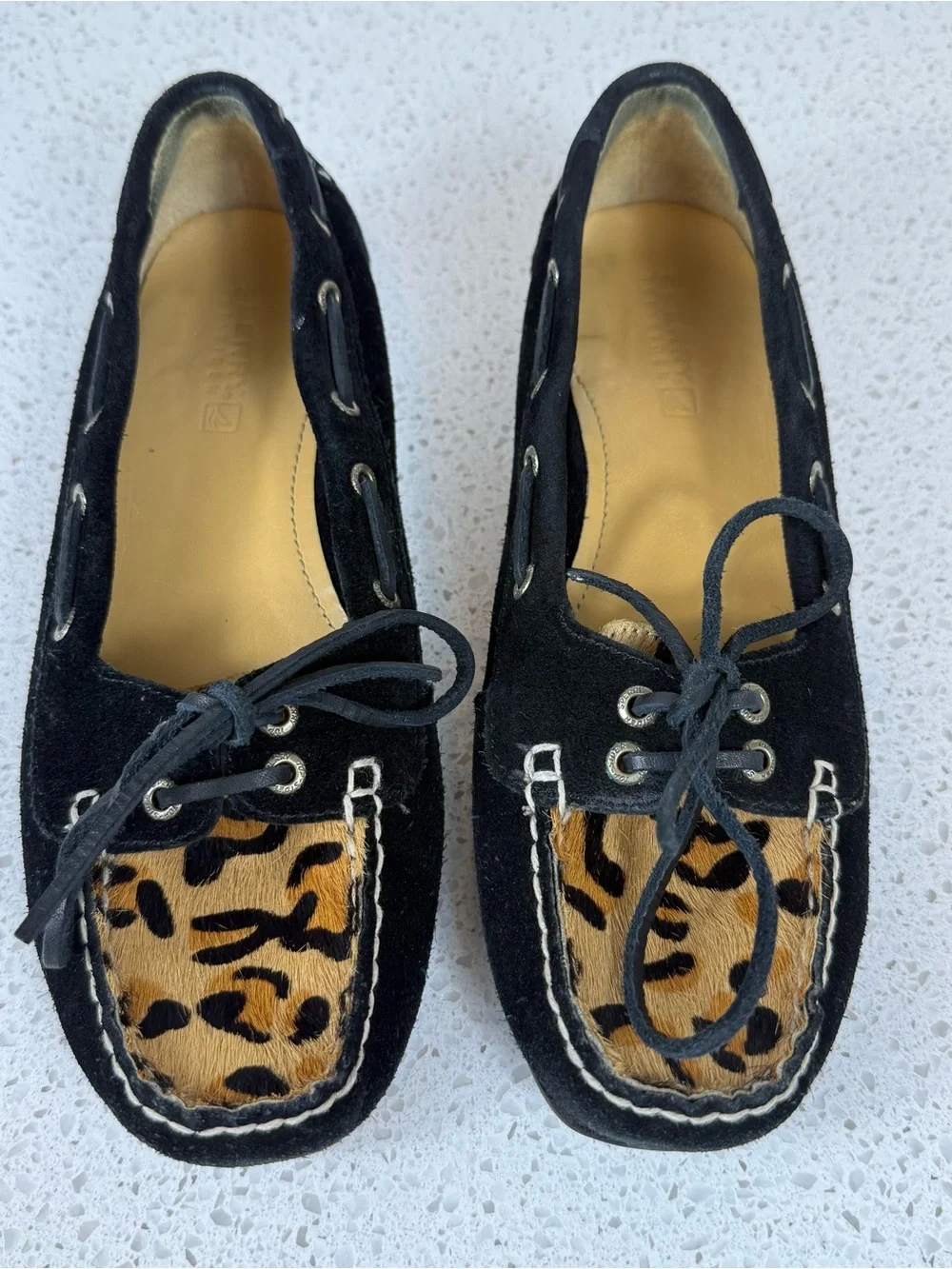 Sperry Top Sider Firefish Leopard Print Pony Hair Black Leather Women’s Size 6